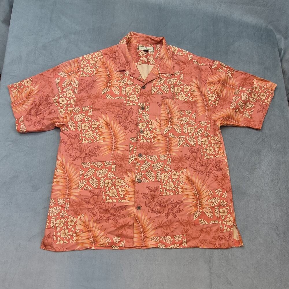 Tommy Bahama Beachy Coastal Floral Hawaiian Shirt Mens XL Orange 100% Silk
